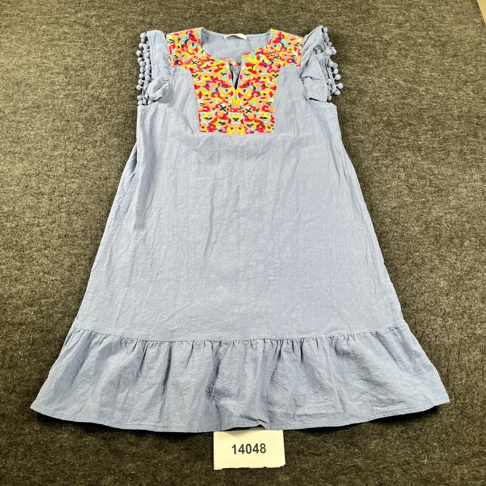 Kirundo Shift Dress Womens S Light Blue Floral Embroidered Pom Pom Ruffle Casual